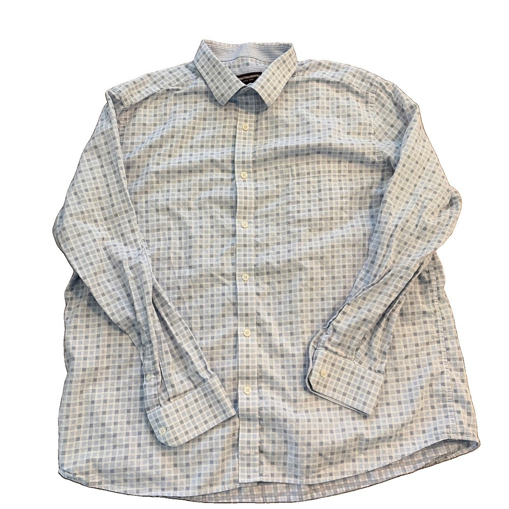 Johnston&Murphy Men's Blue White Plaid Button Down Shirt XXL Cotton Long Sleeve